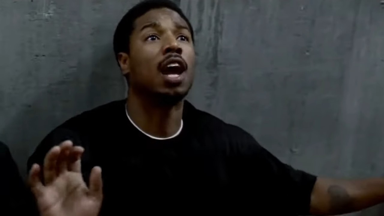 Oscar Grant (Michael B. Jordan) pleading with officers in Fruitvale Station