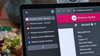 Google Chrome displaying vertical tabs with Windows Central entries on a laptop screen