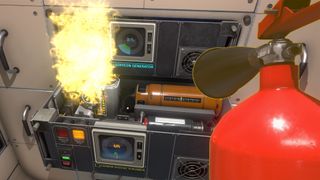 Escape pod on fire while player uses fire extinguisher