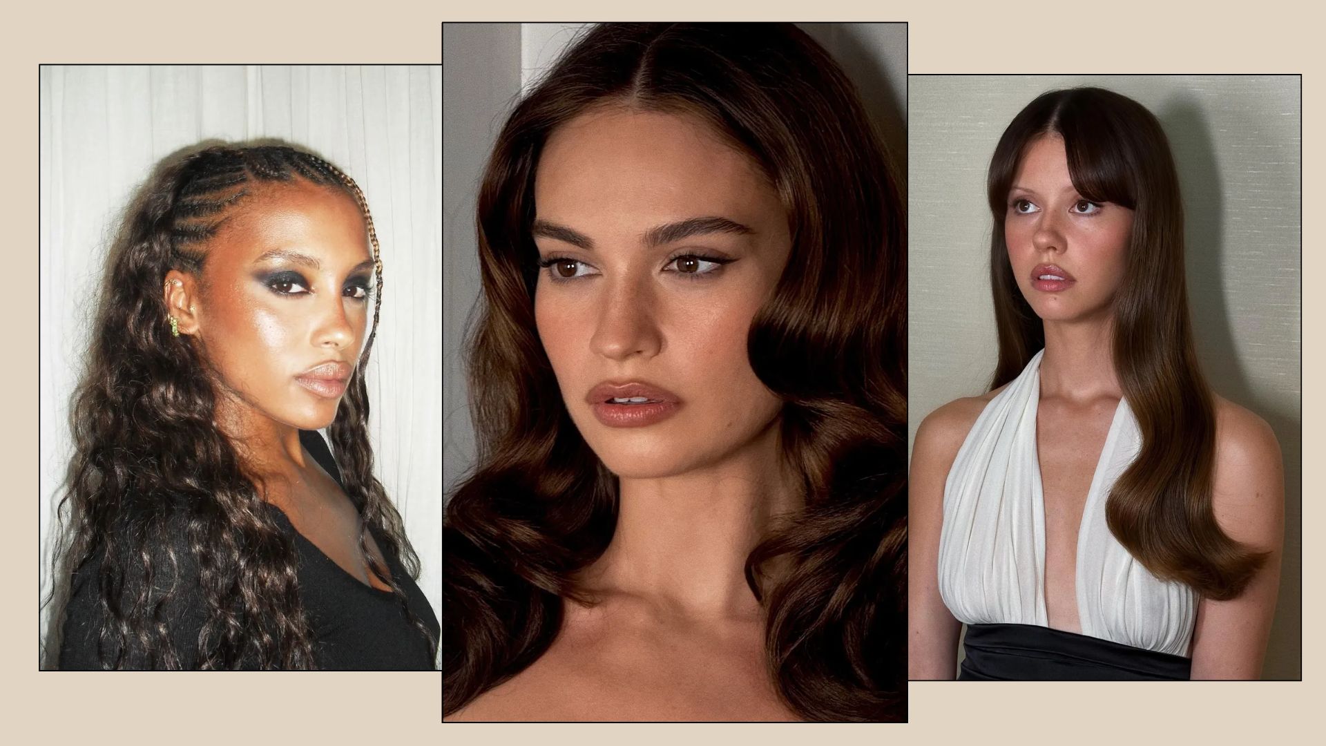 Three women with super shiny, dark brunette hair styles