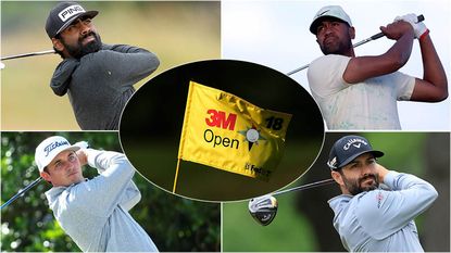 Montage of golfers and 3M Open golf flag