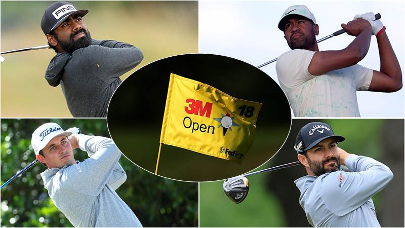 Montage of golfers and 3M Open golf flag