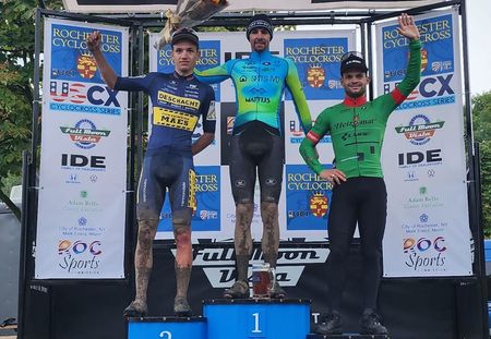 Day two of Rochester Cyclocross was won by Vincent Baestaens (centre), on the podium next to Anton Ferdinande (left) in second and Loris Rouiller in third