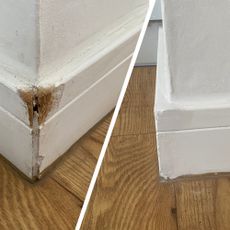 Split image showing before and after of fixing chewed skirting board