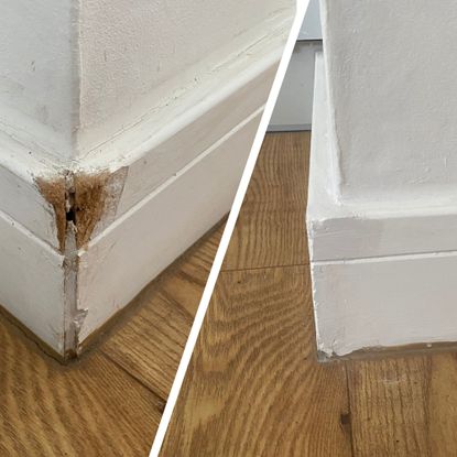 Split image showing before and after of fixing chewed skirting board