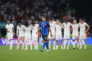 Domenico Berardi of Italy walks to take his penalty during the penalty shoot out during the UEFA Euro 2020 Championship Final between Italy and England at Wembley Stadium on July 11, 2021 in London, England. (Photo by Carl Recine - Pool/Getty Images)