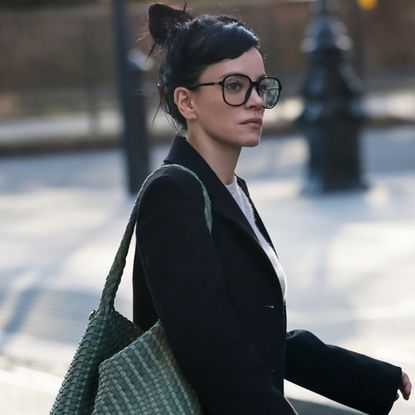 Lily Allen wore a woven leather green tote from Dune London, which Bella Hadid also owns
