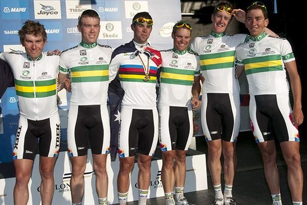 The Aussies (L-R): Benjamin King, Rohan Dennis, Michael Matthews, Malcolm Rudolph, Luke Durbridge and Joseph Lewis on the podium in Geelong.