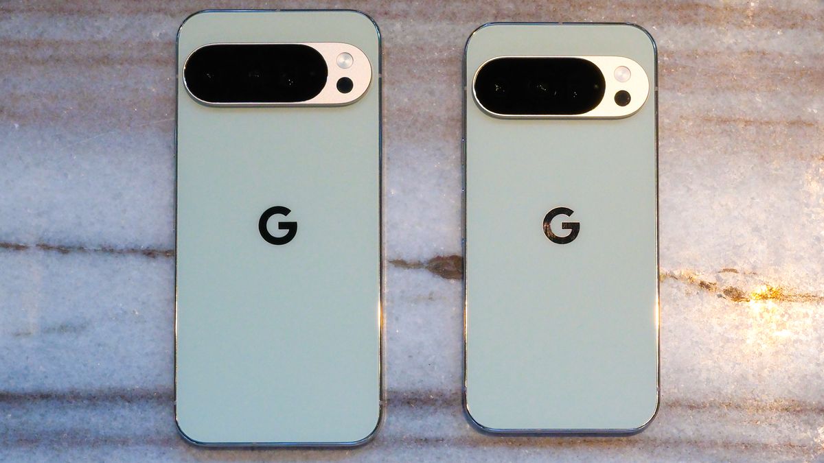 Google Pixel 10 Pro XL in Porcelain against a blue background with a green neon Android figurine in the background