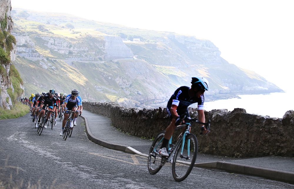 Bradley Wiggins of Team Sky (L) makes his way to the finish line during stage two of the Tour of Britain on September.