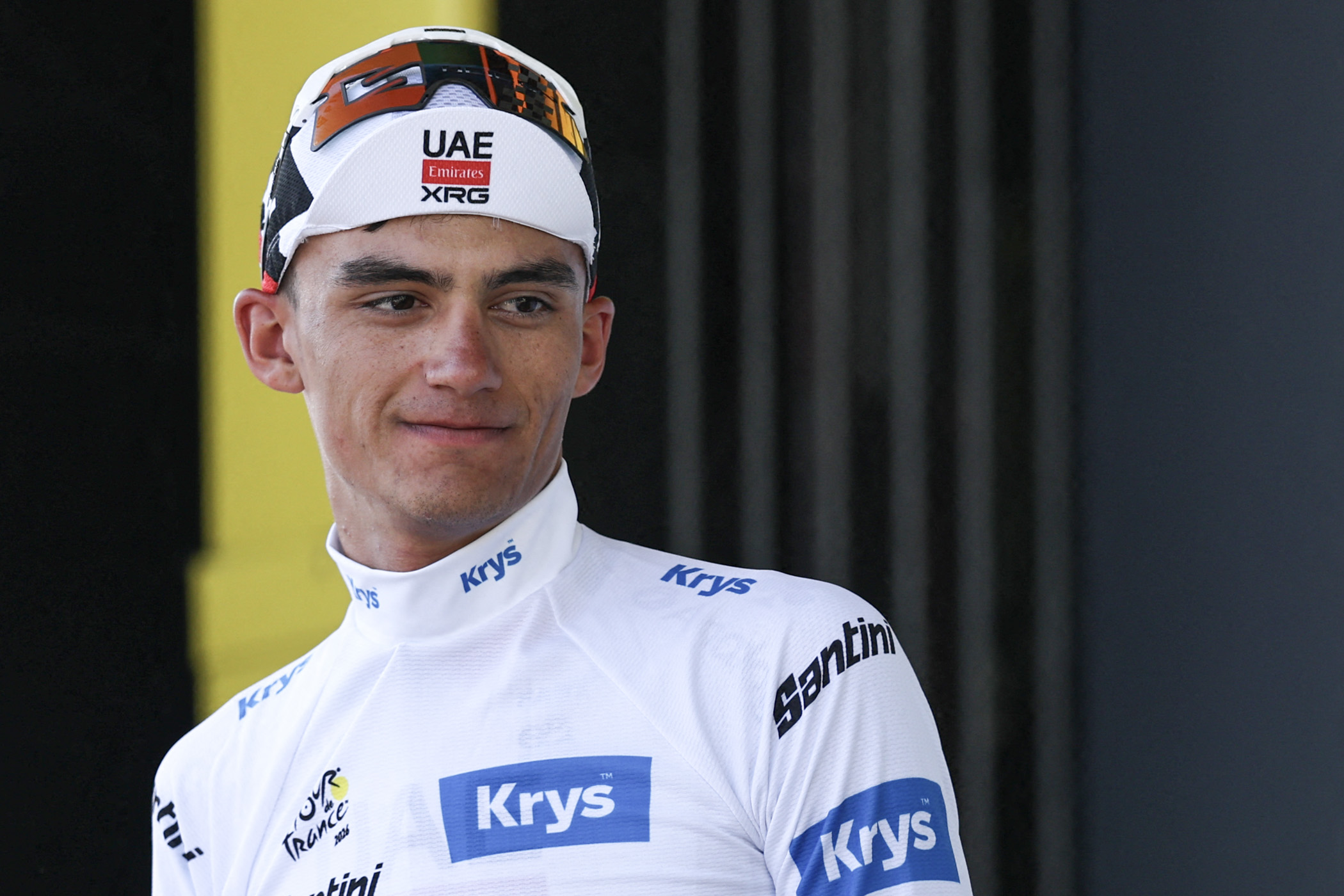 UAE Team Emirates - XRG's Mexican rider Isaac Del Toro celebrates on the podium with the best young rider's white jersey after the 8th stage of the 113th edition of the Tour de France cycling race, 182 km between P&amp;eacute;rigueux and Bergerac in southwestern France, on July 11, 2026. (Photo by Anne-Christine POUJOULAT / AFP via Getty Images)