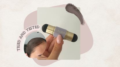 Image of hand holding Laura Geller Root Cover Up Stick, circle image of the stick on Sennen's hairline, on a beige background with pink tried and tested banner and brunette powder swatch