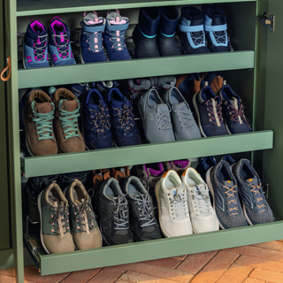 Close of of green shoe storage area