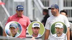 Main image of Sepp Straka and Scottie Scheffler talking with inset images of Rory McIlroy (bottom left), Harris English (bottom middle) and Keegan Bradley (bottom right)