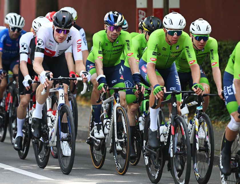 ZURICH, SWITZERLAND - SEPTEMBER 29: (L-R) Stefan Kung of Team Switzerland, Primoz Roglic and Tadej Pogacar of Team Slovenia compete during the 97th UCI Cycling World Championships Zurich 2024, Men&#039;s Elite Road Race a 273.9km one day race from Winterthur to Zurich on September 29, 2024 in Zurich, Switzerland. (Photo by Dario Belingheri/Getty Images)