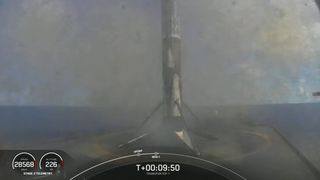 SpaceX's veteran Falcon 9 rocket stands atop the drone ship "Of Course I Still Love You" in the Atlantic Ocean after the successful launch of 143 satellites on the Transporter-1 rideshare mission on Jan. 24, 2021.