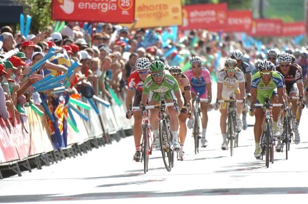 Mark Cavendish (HTC-Columbia) bunny hops over the line in Burgos