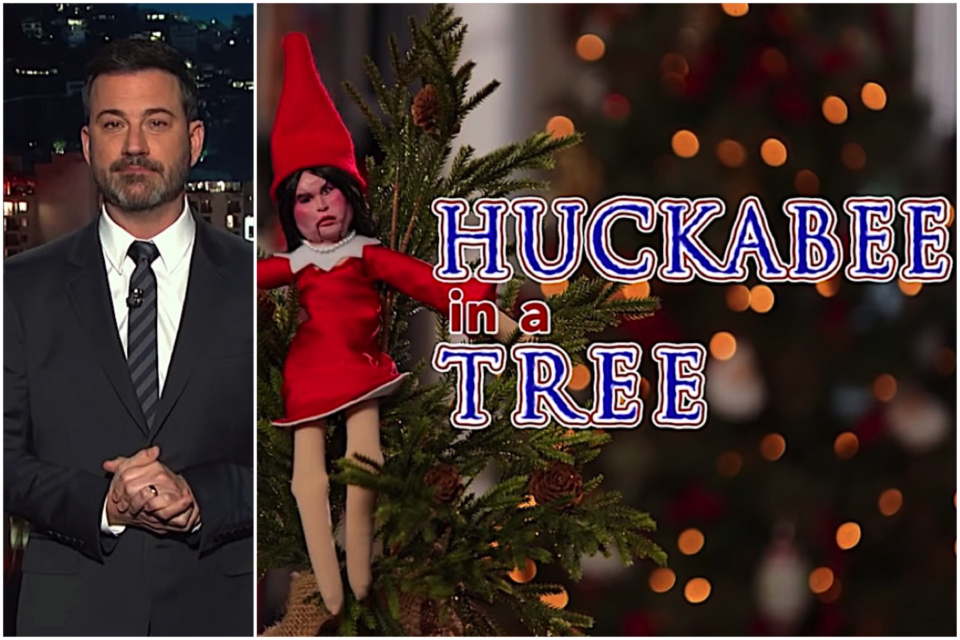 Jimmy Kimmel has an Elf on the Shelf problem, and also the perfectly creepy  solution: 'Huckabee in a Tree