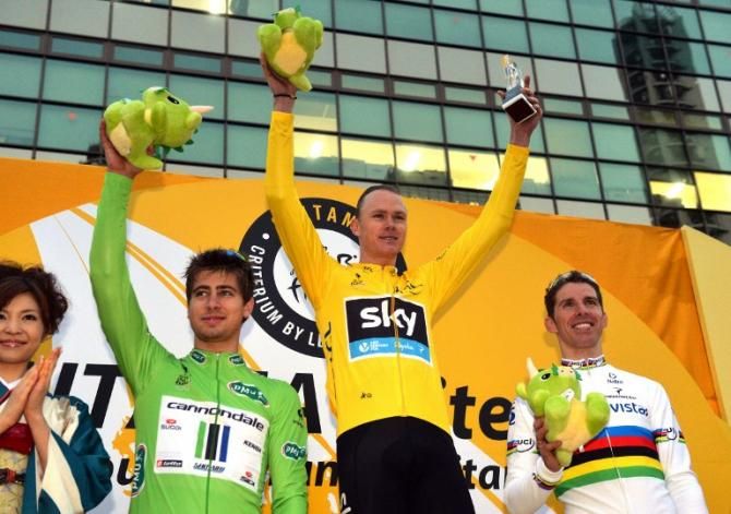 Peter Sagan, Chris Froome and Rui Costa on the podium at the Saitama Criterium.