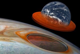 This illustration combines an image of Jupiter from the JunoCam instrument aboard NASA’s Juno spacecraft with a composite image of Earth to depict the size and depth of Jupiter’s Great Red Spot.