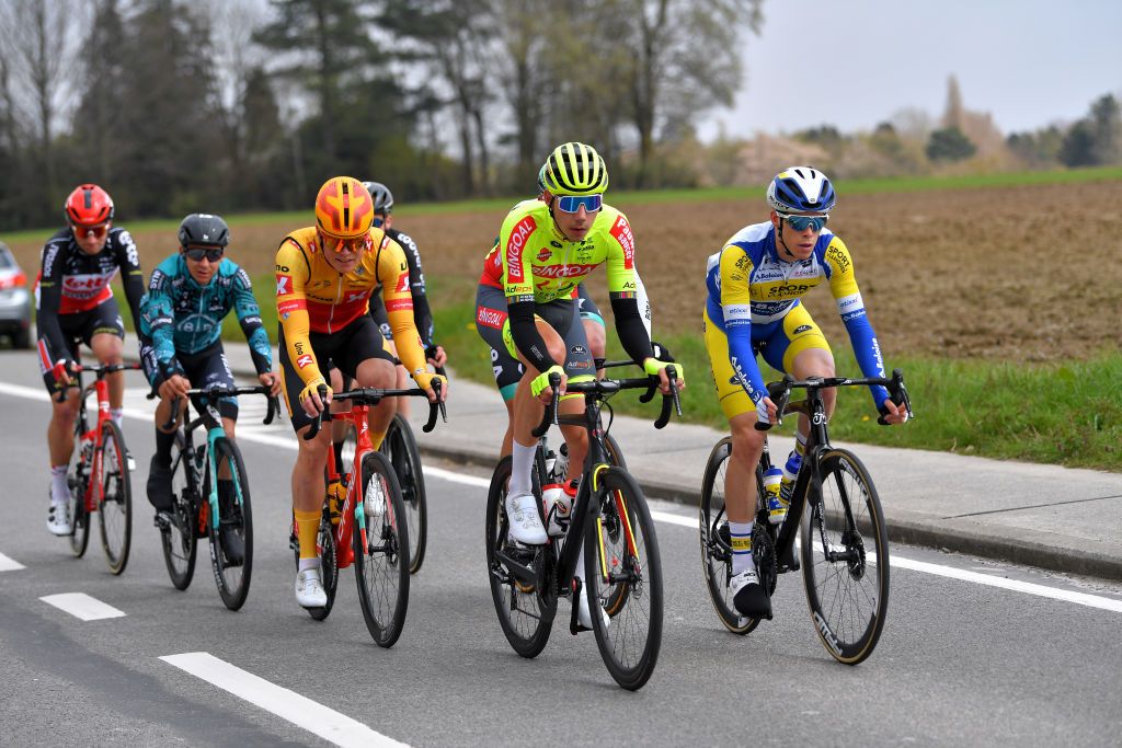 OVERIJSE BELGIUM APRIL 14 Brent Van Moer of Belgium and Team Lotto Soudal Bryan Coquard of France and Team BB Hotels PB KTM Anders Skaarseth of Norway and UNO X Pro Cycling Team Ludovic Robeet of Belgium and Team Bingoal WB Julian Mertens of Belgium and Team Sport Vlaanderen Baloise Jordi Meeus of Belgium and Team Bora Hansgrohe during the 61st De Brabantse Pijl La Flche Brabanonne 2021 Mens Elite a 2017km race from Leuven to Overijse 106m Breakaway BP21 FlandersClassic on April 14 2021 in Overijse Belgium Photo by Luc ClaessenGetty Images