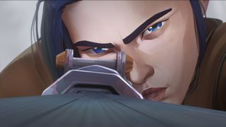 Caitlyn Kiramman (voiced by Katie Leung) looking down the barrel of a firearm, in Arcane