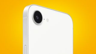 The iPhone 16e on an orange background