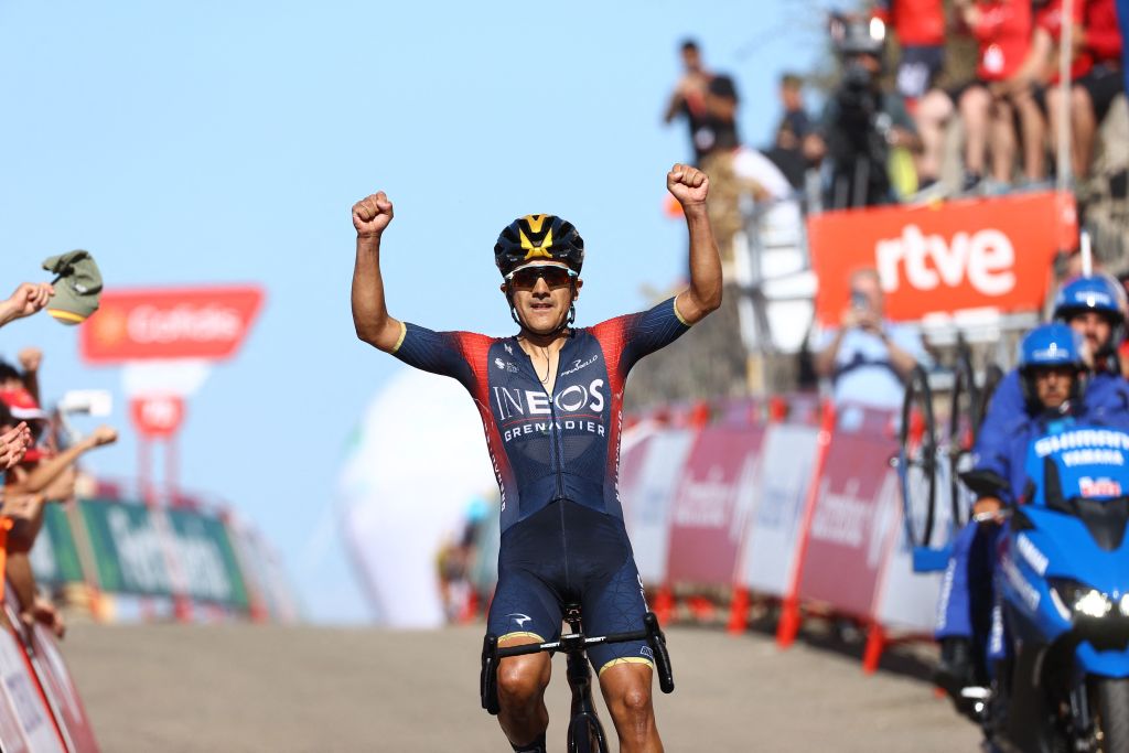 Ecuadorian Richard Carapaz of Ineos Grenadiers celebrates while crossing the finish line of stage 14 of the 2022 edition of the &amp;amp;apos;Vuelta a Espana&amp;amp;apos;, Tour of Spain cycling race, from Montoro to Sierra de La Pandera (160,3 km), Spain, Saturday 03 September 2022. BELGA PHOTO DAVID PINTENS (Photo by David PINTENS / BELGA MAG / Belga via AFP) (Photo by DAVID PINTENS/BELGA MAG/AFP via Getty Images)