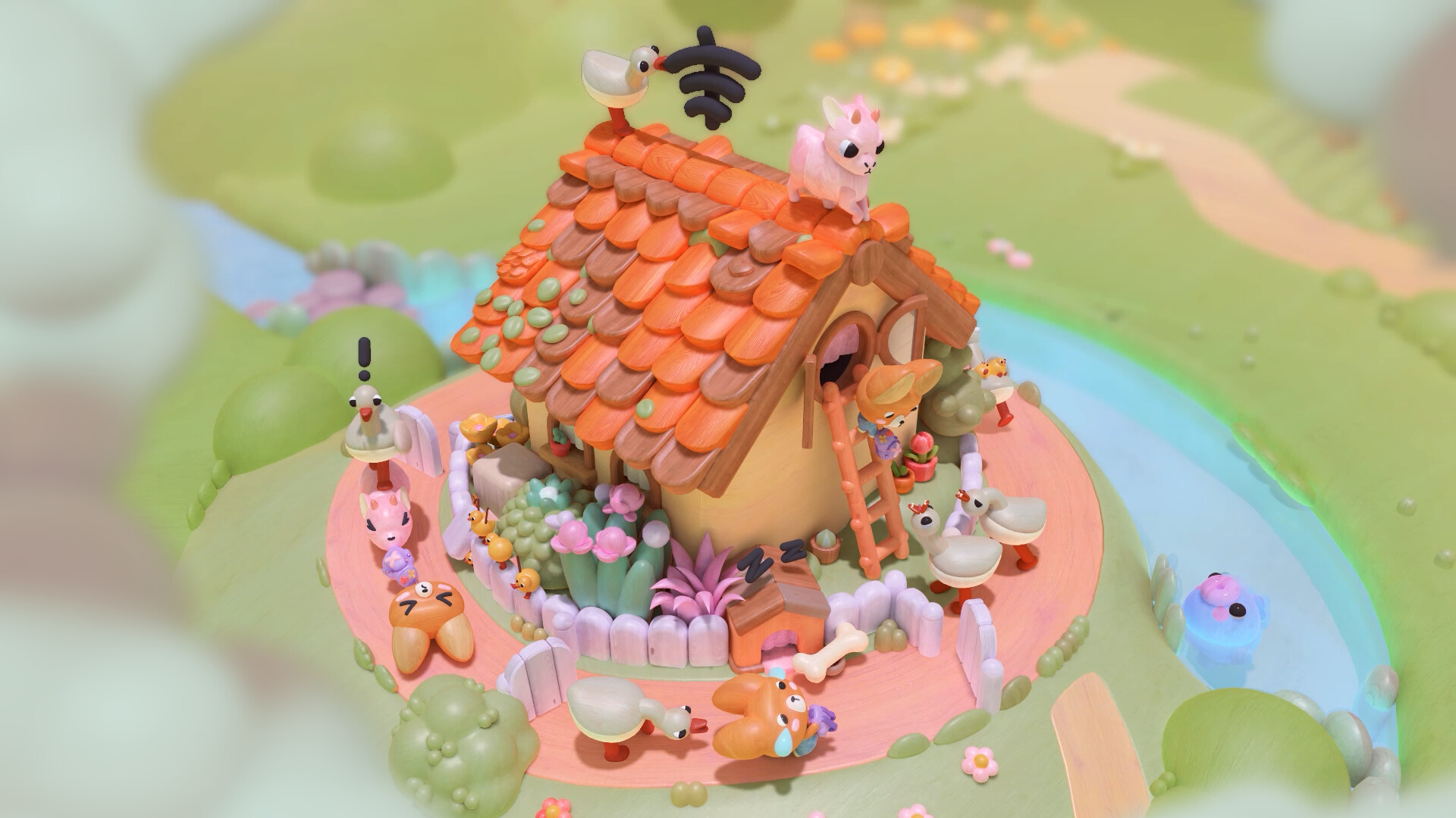In cozy puzzler Woodo, a colorful 3D diorama of a house made of wooden blocks is surrounded by various cute animals, including a goose that chases a fox, and a goat that stands on the roof