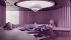 Circular cocooning living space with surround-sound portable speaker Devialet Mania