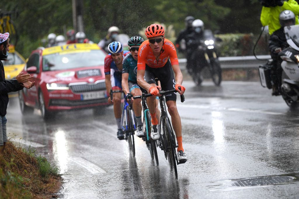 NICE FRANCE AUGUST 29 Fabien Grellier of France and Team Total Direct Energie Cyril Gautier of France and Team BB Hotels Vital Concept Michael Schar of Switzerland and CCC Team Breakaway Rain during the 107th Tour de France 2020 Stage 1 a 156km stage from Nice Moyen Pays to Nice TDF2020 LeTour on August 29 2020 in Nice France Photo by Tim de WaeleGetty Images
