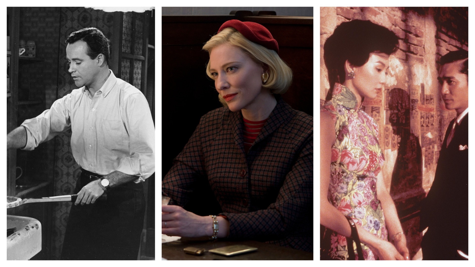 three images from films sliced together, from left to right: The Apartment, Carol and In the Mood for Love 