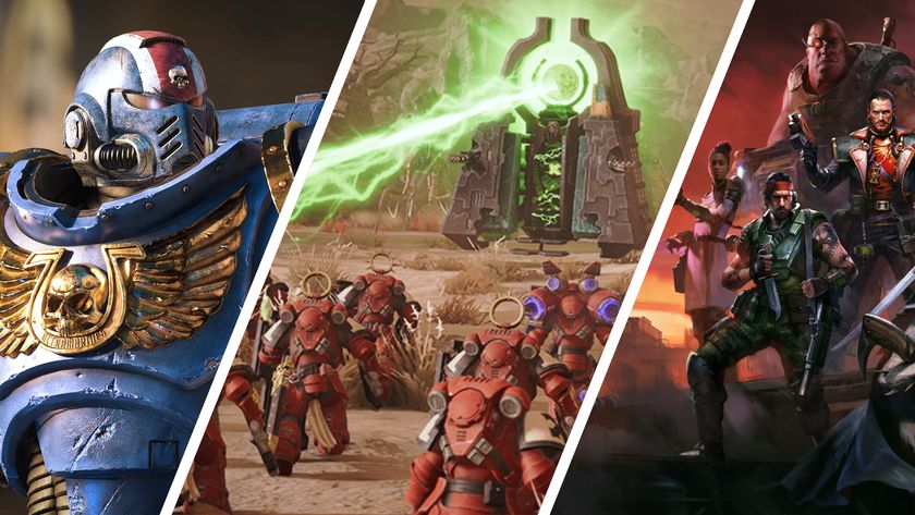 Split image showing screenshots from three upcoming 40k games: Left - Space Marine 3 (represented by Space Marine 2 screenshot), Middle - Dawn of War 4, Right - Dark Heresy