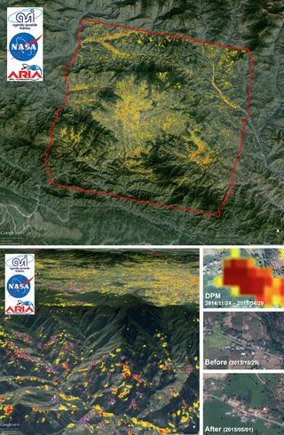 Responding to the devastating magnitude 7.8 earthquake in Nepal in 2015, this 40 by 50 kilometer (25 by 31 mile) Damage Proxy Map shows the region around Kathmandu. Using radar data from the Italian COSMOS-SkyMed satellite, the colored pixels on the map indicate where damage caused by the earthquake is, by comparing to old satellite images.