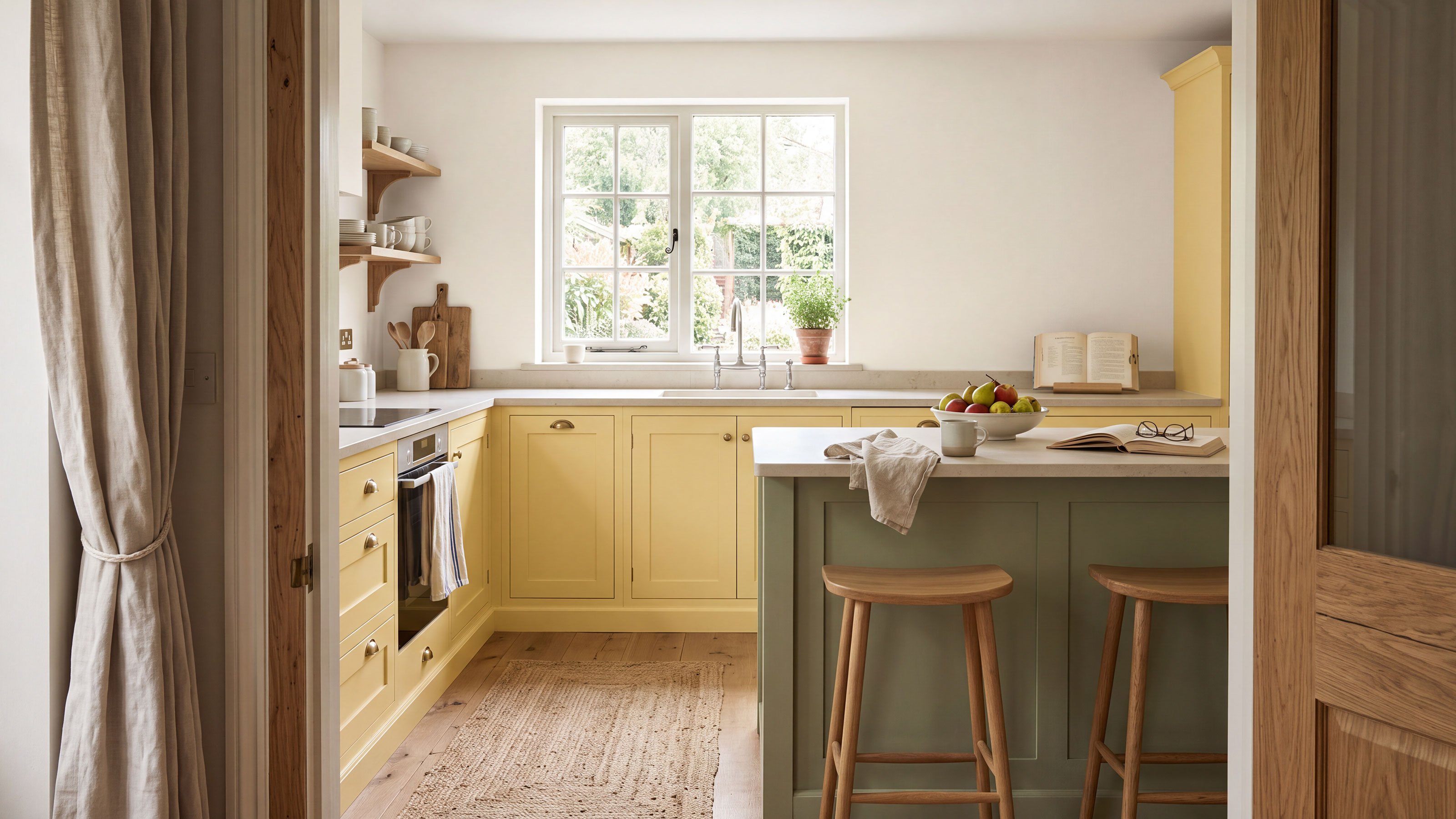 Yellow kitchen with green island, wooden floors with jute runner