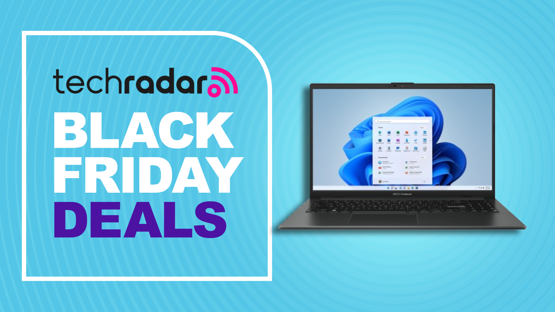 Asus Vivobook Go 15 against a cyan TechRadar deals background