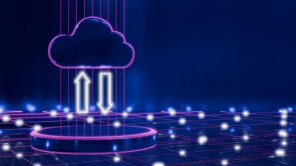 A CGI graphic showing a cloud with up and down arrows, hovering above a futuristic TRON-style computer environment, to represent hybrid cloud.