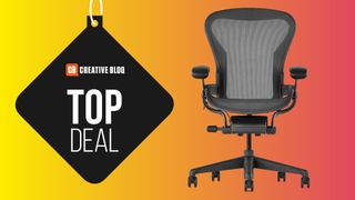 Black Friday Herman Miller Aeron deal on an orange background. A black label has text reading 'top deal'