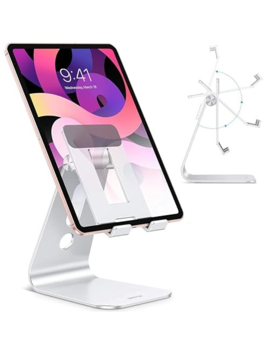 OMOTON, Omoton Adjustable Tablet Stand for Desk, Upgraded Longer Arms for Greater Stability, T2 Tablet Holder With Hollow Design for Bigger Sized Phones and Tablets Such as Ipad Pro/air/mini, Silver
