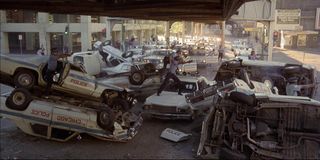 A slew of wrecked police cars from The Blues Brothers