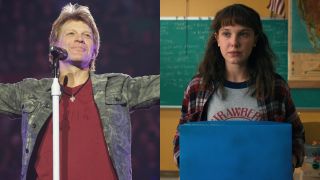 From left to right: Jon Bon Jovi holding his arms out at the Bell Centre in Montreal, QC on February 14, 2013 and Millie Bobby Brown holding a box and looking ahead in Season 4 of Stranger Things. 