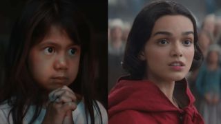 Split Image; On left Maia Kealoha with her hands clasped in prayer in Disney's Lilo and Stitch. On right Rachel Zegler as Snow White