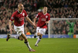 Henrik Larsson of Manchester United celebrates scoring United's first goal during the UEFA Champions League Round of 16 second leg match between Manchester United and Lille at Old Trafford on March 7 2007 in Manchester, England. (Photo by Chris Coleman/Manchester United via Getty Images)