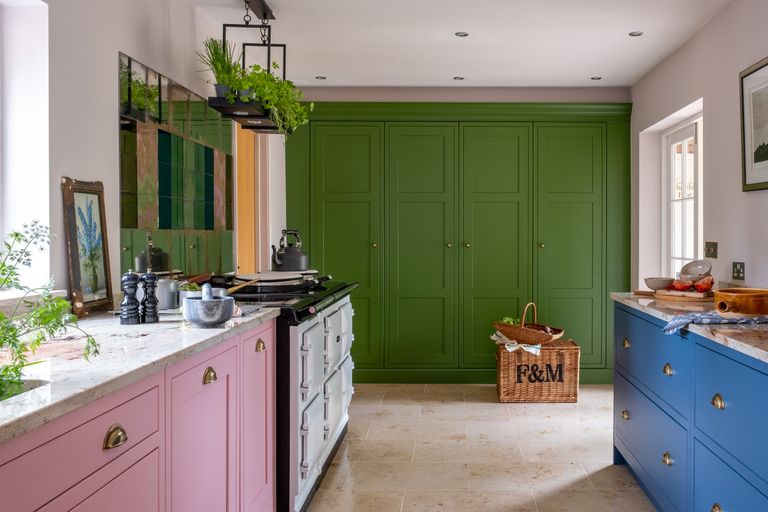 colorful kitchen cabinetry pink and blue cabinets with green fitted cabinetry