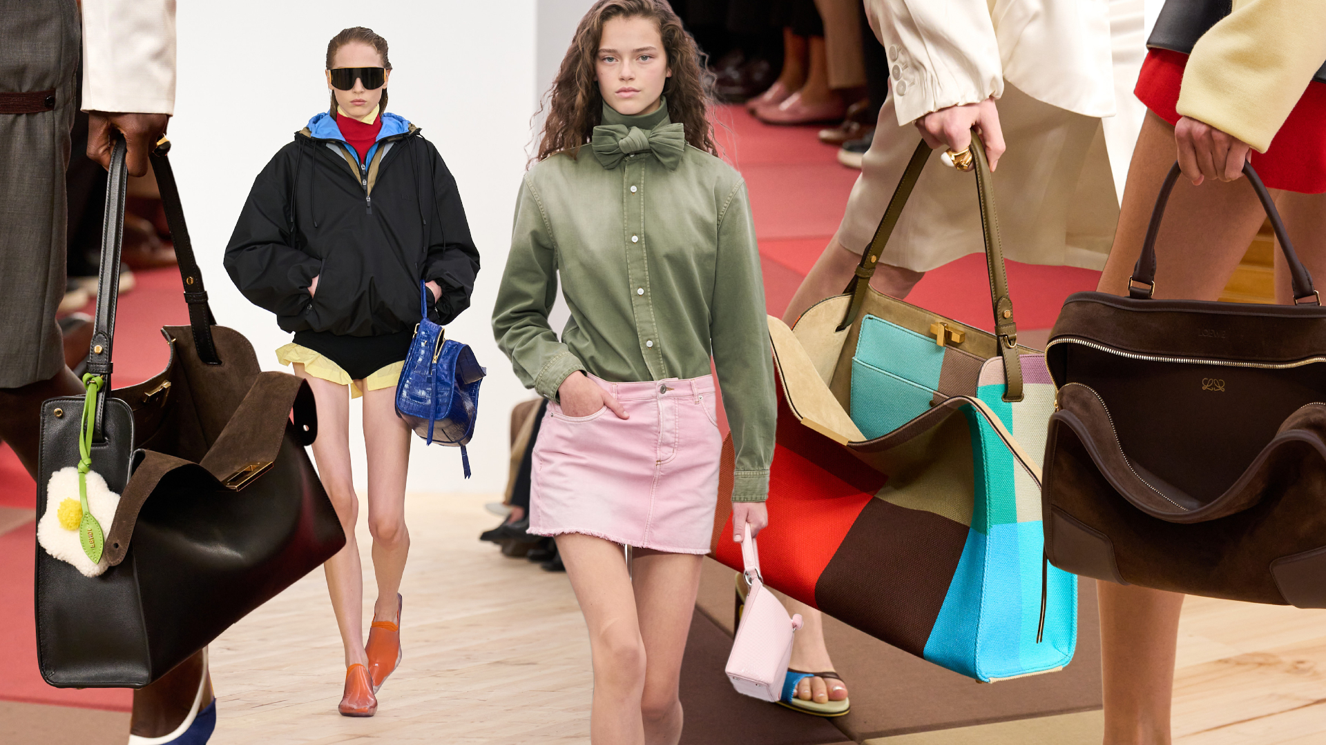 a collage of the one-strap bag trend at Spring 2026 shows from Fendi, Loewe, and Dior