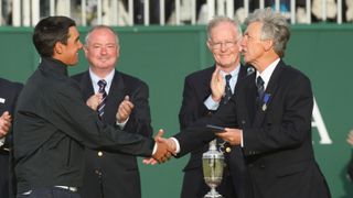 Matteo Manassero (Amateur) of Italy receives the silver medal for the highest placed amateur from the Captain of Turnberry Golf Club Peter Wiseman following the final round of the 138th Open Championship on the Ailsa Course, Turnberry Golf Club