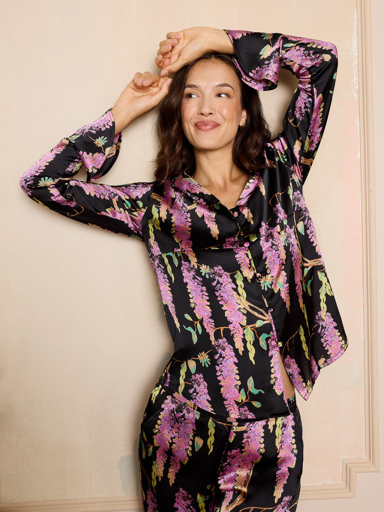 Satin Frill Blouse Pyjamas in Black Wisteria