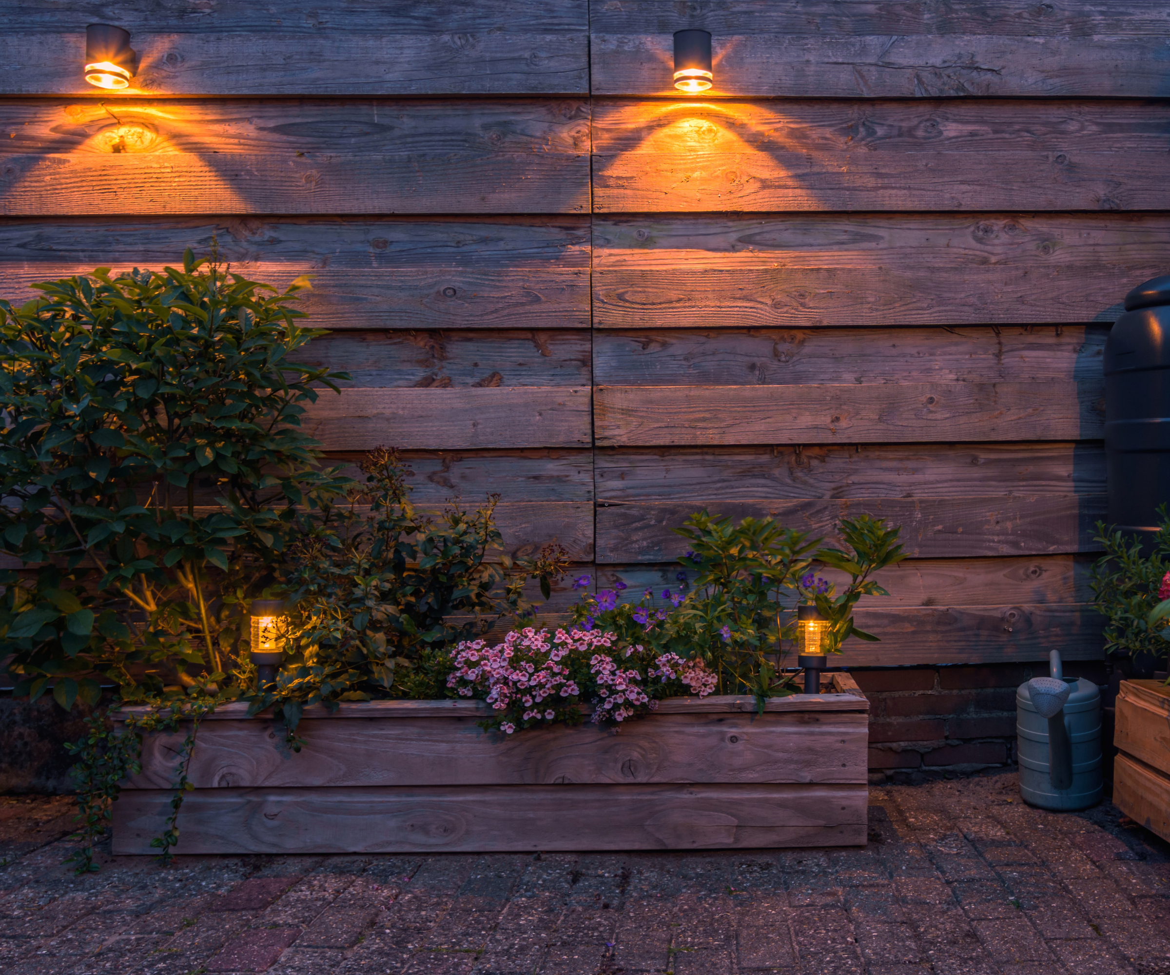 solar lights on wooden wall and planter