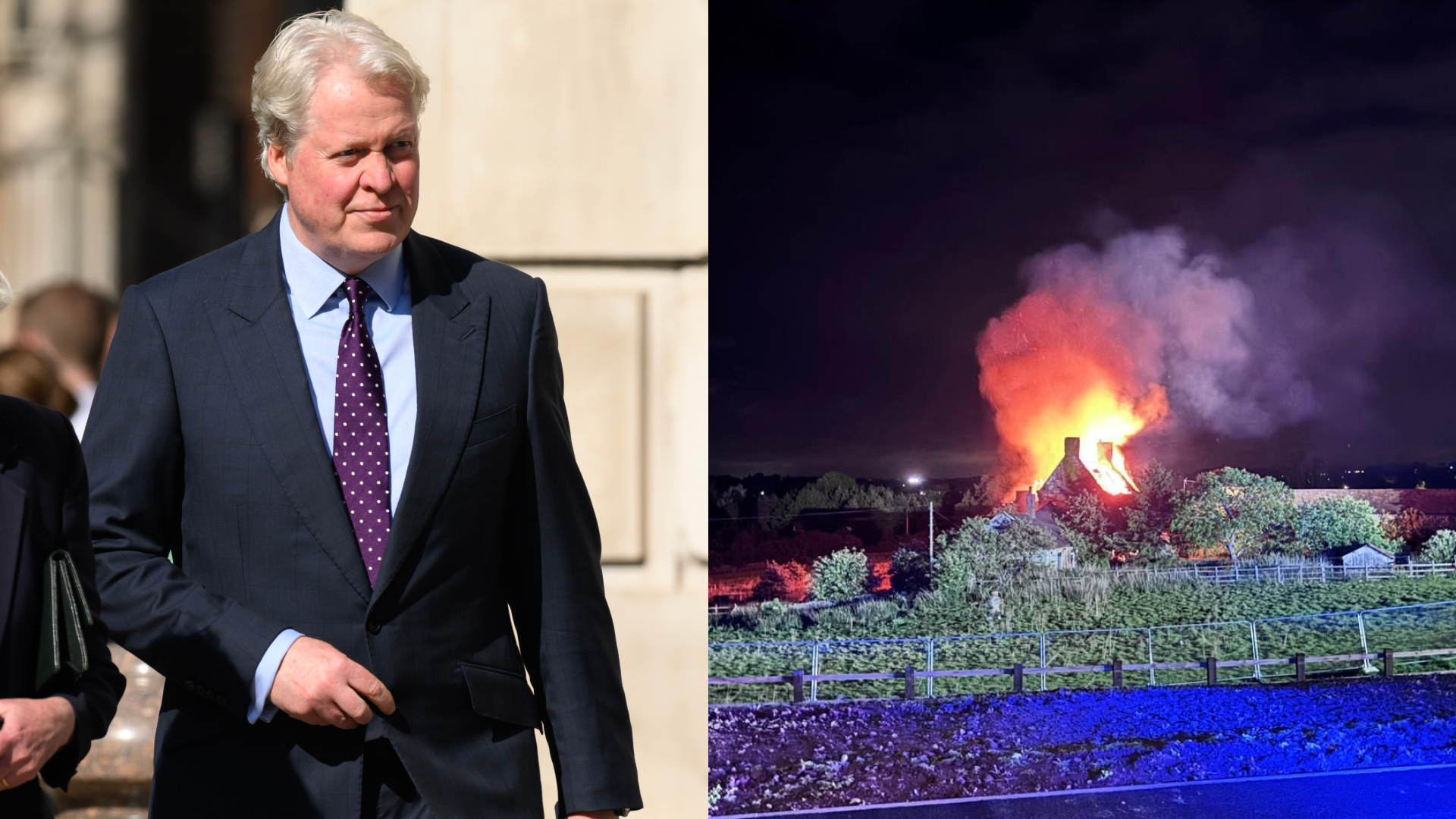 Charles Spencer and a photo of a house burning down on the Althorp Estate