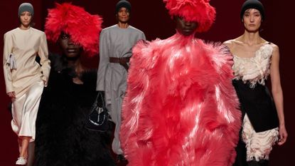 A collage showing multiple Bottega Veneta models wearing a range of hat styles from the F/W 26 show during Milan Fashion Week.